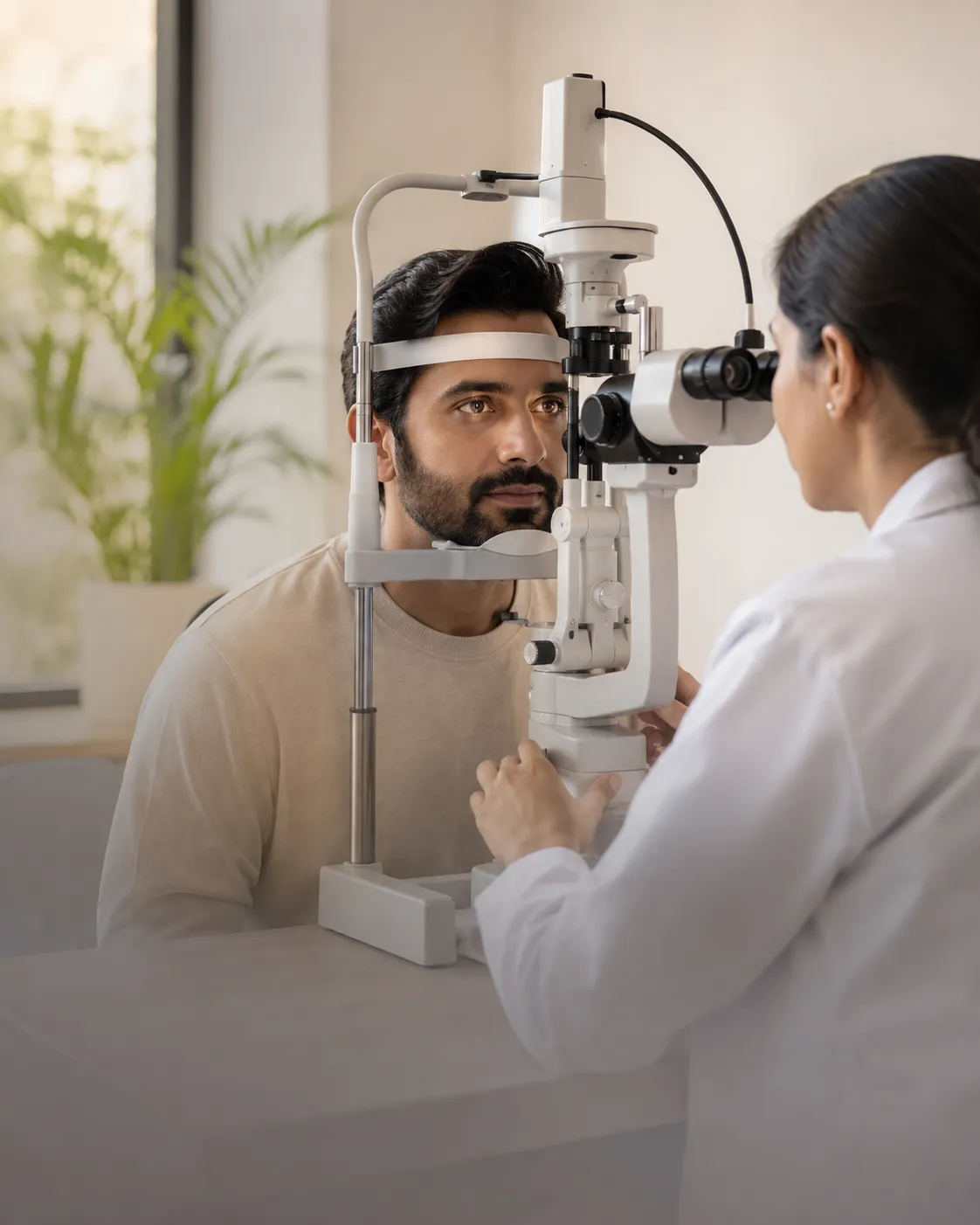 Patient undergoing an eye exam, showing the risk of retinal blood vessel damage from poor glucose control